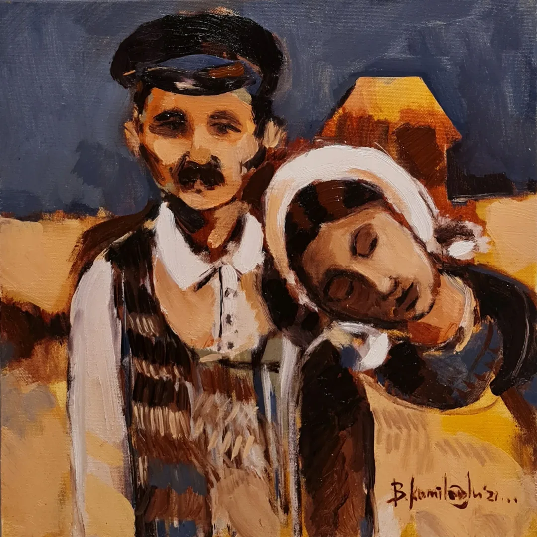 "Hamal ve eşi" eseri BARAN KAMİLOĞLU tarafından 2021 yılında 40x40 cm ölçülerinde Tuval üzeri yağlı boya tekniği ile yapılmıştır.