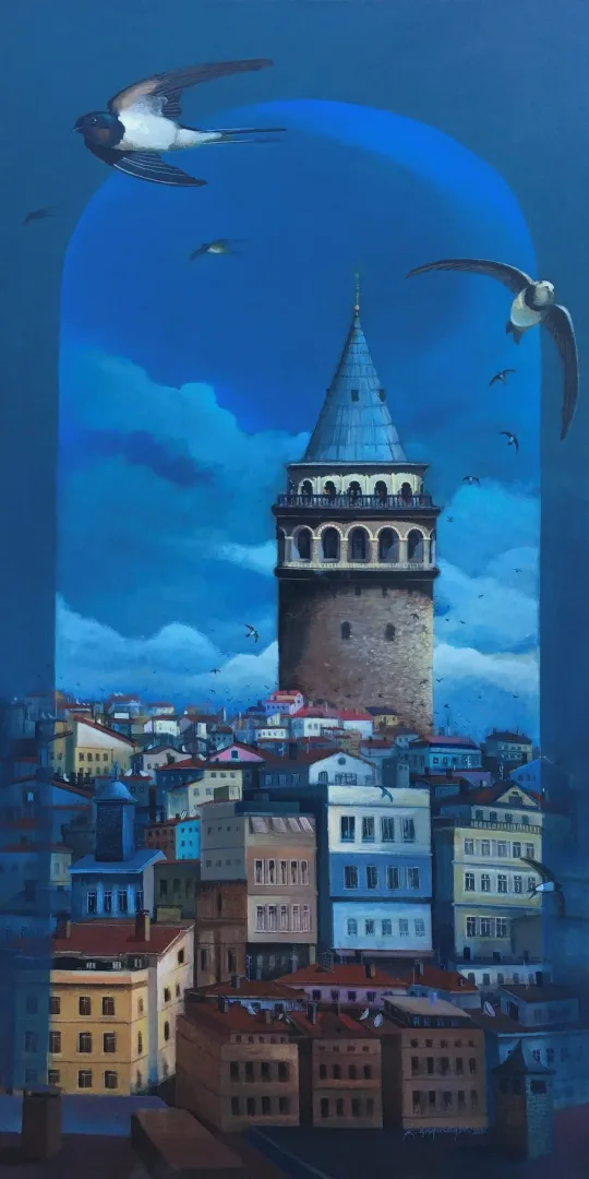 yakınlaştır "Galata ve Ebabiller" eseri KADİR ŞİŞGİNOĞLU tarafından 2021 yılında 130x65 cm ölçülerinde Tuval üzeri yağlı boya tekniği ile yapılmıştır.