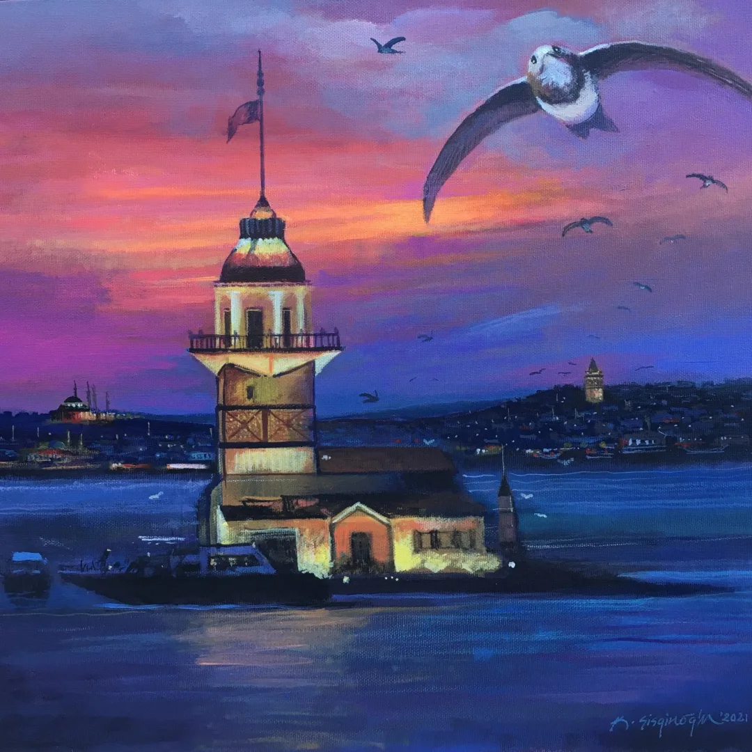 "Kız kulesi ve Ebabiller" eseri KADİR ŞİŞGİNOĞLU tarafından 2021 yılında 40x40 cm ölçülerinde Tuval üzeri yağlı boya tekniği ile yapılmıştır.