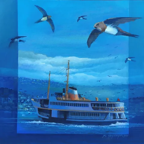 "Vapur ve Ebabiller" eseri KADİR ŞİŞGİNOĞLU tarafından 2021 yılında 40x40 cm ölçülerinde Tuval üzeri yağlı boya tekniği ile yapılmıştır.