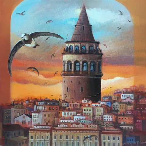 "Galata ve Ebabiller" eseri KADİR ŞİŞGİNOĞLU tarafından 2021 yılında 40x40 cm ölçülerinde Tuval üzeri yağlı boya tekniği ile yapılmıştır.