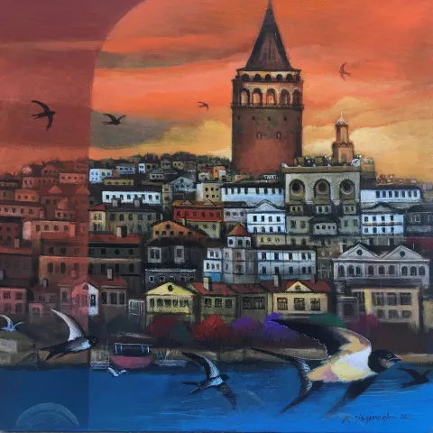 "Galata ve Ebabiller" eseri KADİR ŞİŞGİNOĞLU tarafından 2021 yılında 40x40 cm ölçülerinde Tuval üzeri yağlı boya tekniği ile yapılmıştır.