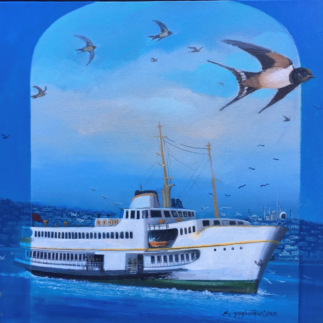 yakınlaştır "Vapur ve Ebabiller" eseri KADİR ŞİŞGİNOĞLU tarafından 2021 yılında 40x40 cm ölçülerinde Tuval üzeri yağlı boya tekniği ile yapılmıştır.