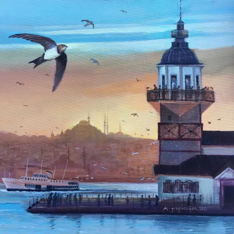 KADİR ŞİŞGİNOĞLU — “Kız kulesi ve Ebabiller”, 2021 "Kız kulesi ve Ebabiller" eseri KADİR ŞİŞGİNOĞLU tarafından 2021 yılında 40x40 cm ölçülerinde Tuval üzeri yağlı boya tekniği ile yapılmıştır.
