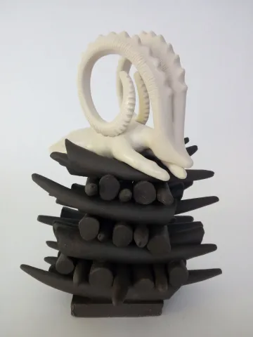 Bu eser AYŞE ERGÜNER tarafından 2021 yılında 20x18x26 cm ölçülerinde siyah çamur, porselen çamur, 1240°C, sırlı pişirim tekniği ile yapılmıştır.