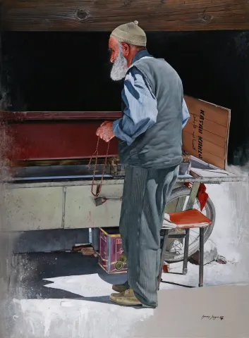 HASAN SAYGIN — “Seyyar satıcı”, 2021 "Seyyar satıcı" eseri HASAN SAYGIN tarafından 2021 yılında 130x97 cm ölçülerinde Tuval üzeri yağlı boya tekniği ile yapılmıştır.
