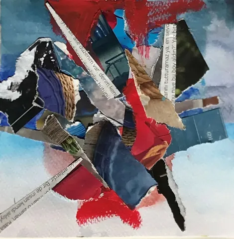 Bu eser HAZAL AKSOY tarafından 13x13 cm ölçülerinde Kağıt üzeri sulu boya, kolaj tekniği ile yapılmıştır.