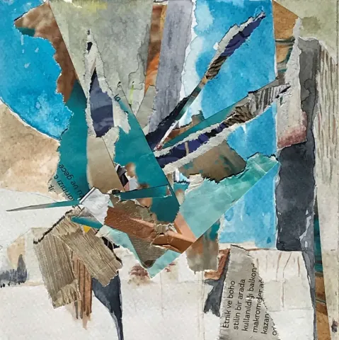 Bu eser HAZAL AKSOY tarafından 13x13 cm ölçülerinde Kağıt üzeri sulu boya, kolaj tekniği ile yapılmıştır.