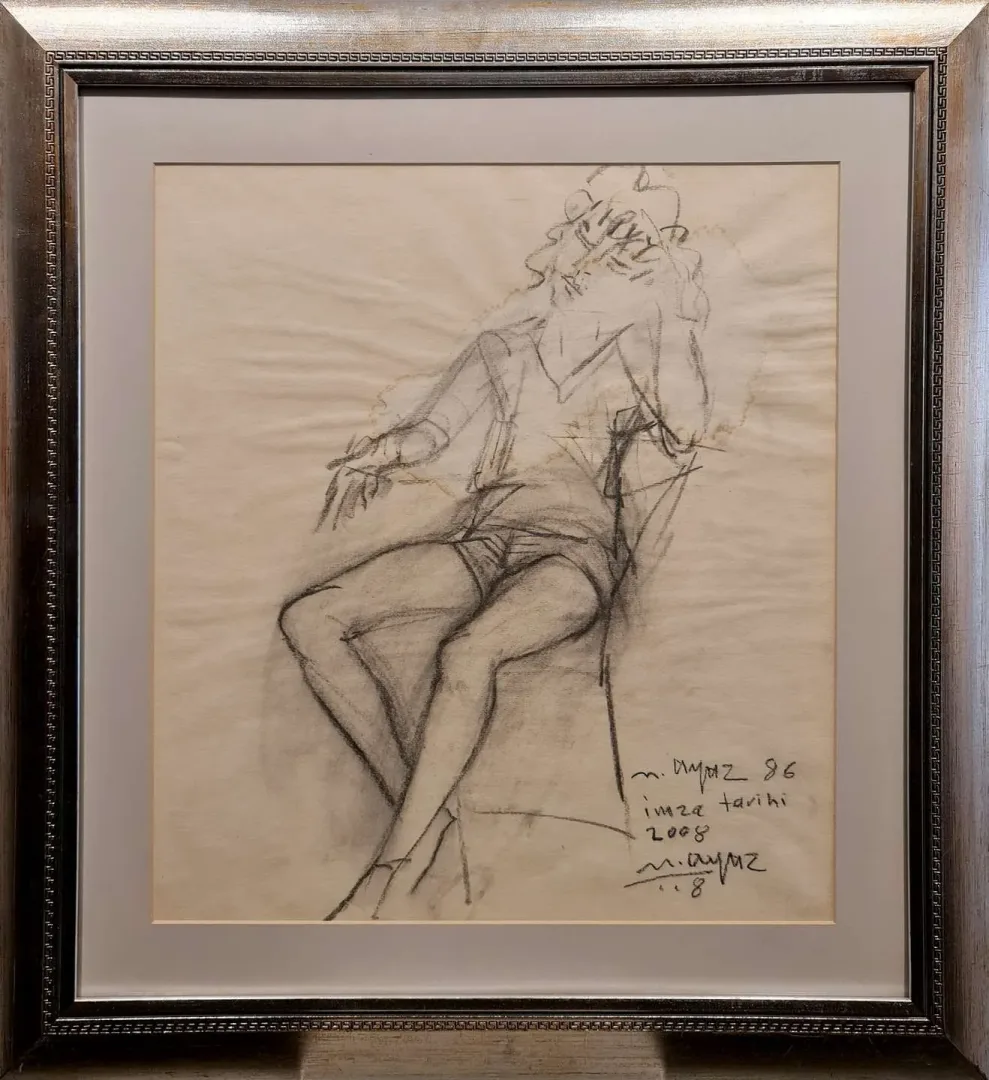 MUSTAFA AYAZ — 1999 Bu eser MUSTAFA AYAZ tarafından 1999 yılında 48x45 cm ölçülerinde Desen tekniği ile yapılmıştır.