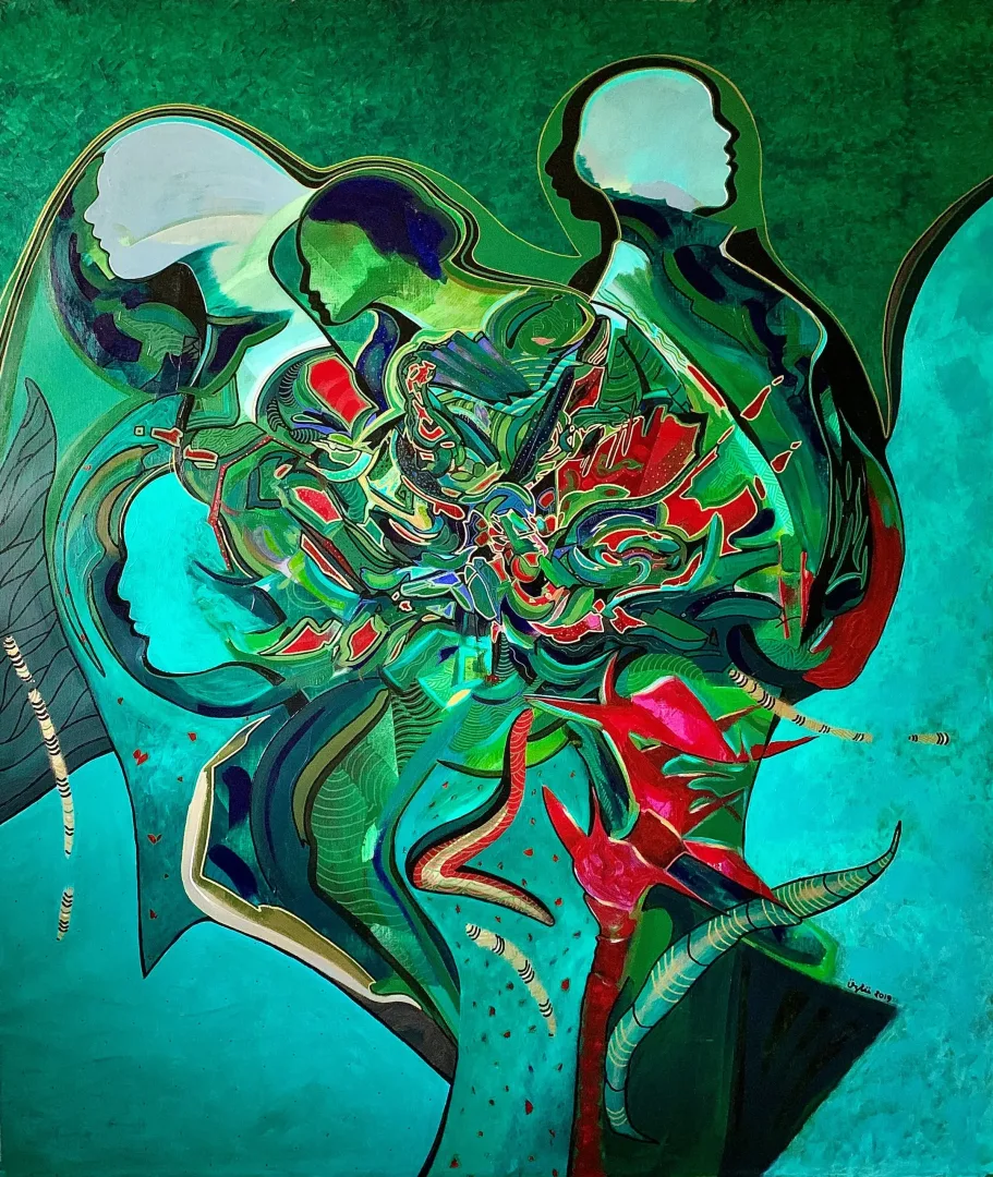 NECMETTİN ÖZLÜ — “Davet”, 2019 "Davet" eseri NECMETTİN ÖZLÜ tarafından 2019 yılında 205x175 cm ölçülerinde Tuval üzeri akrilik boya tekniği ile yapılmıştır.