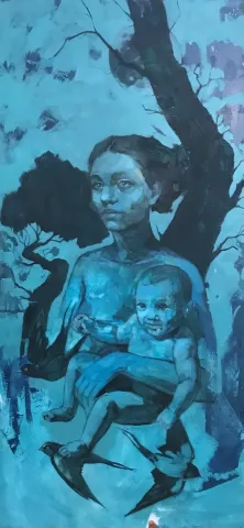 "Gaia" eseri SEMA ÖCAL tarafından 2021 yılında 150x70 cm ölçülerinde Tuval üzeri yağlı boya tekniği ile yapılmıştır.