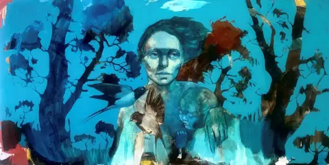 "Gaia" eseri SEMA ÖCAL tarafından 2021 yılında 70x140 cm ölçülerinde Tuval üzeri yağlı boya tekniği ile yapılmıştır.