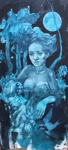 "Gaia" eseri SEMA ÖCAL tarafından 2021 yılında 150x70 cm ölçülerinde Tuval üzeri yağlı boya tekniği ile yapılmıştır.