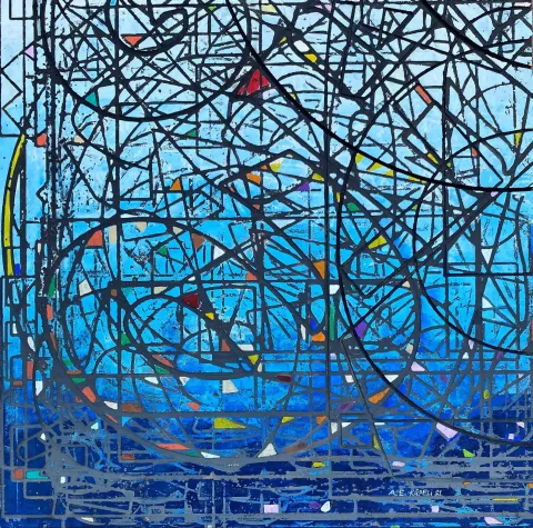 ALİ ERTUĞRUL KÜPELİ — “Mavi Resital-II”, 2021 "Mavi Resital-II" eseri ALİ ERTUĞRUL KÜPELİ tarafından 2021 yılında 60x60 cm ölçülerinde MDF üzeri akrilik boya tekniği ile yapılmıştır.
