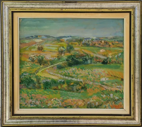 "Peyzaj" eseri EŞREF ÜREN tarafından 50x55 cm ölçülerinde Duralite Marufle Kağıt üzeri yağlı boya tekniği ile yapılmıştır.