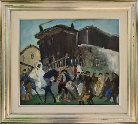 KAYIHAN KESKİNOK — “Düğün”, 1977 "Düğün" eseri KAYIHAN KESKİNOK tarafından 1977 yılında 43x49 cm ölçülerinde Duralit üzeri yağlı boya tekniği ile yapılmıştır.