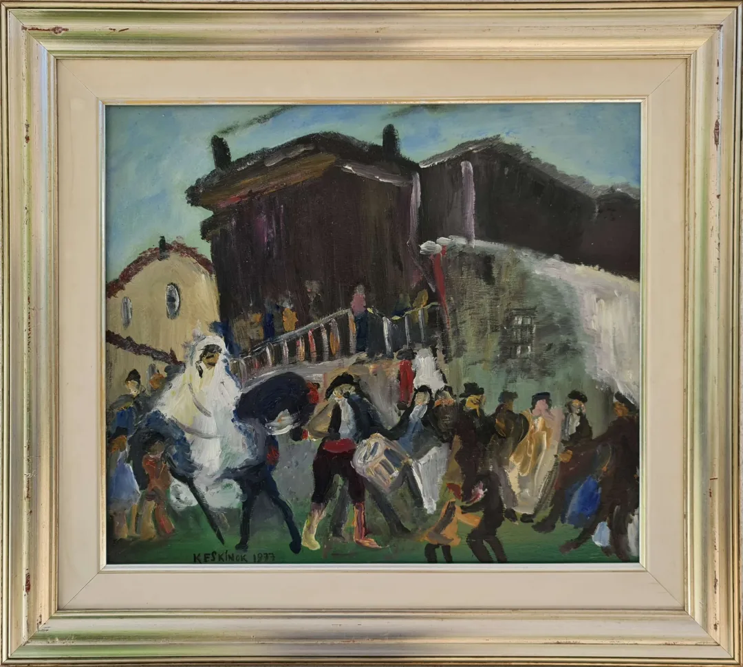 yakınlaştır "Düğün" eseri KAYIHAN KESKİNOK tarafından 1977 yılında 43x49 cm ölçülerinde Duralit üzeri yağlı boya tekniği ile yapılmıştır.
