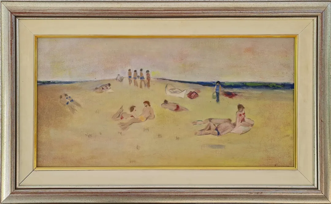 yakınlaştır "Plaj" eseri KAYIHAN KESKİNOK tarafından 1977 yılında 30x60 cm ölçülerinde Tuval üzeri yağlı boya tekniği ile yapılmıştır.
