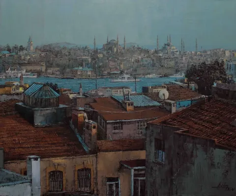 KADİR ABLAK — “Ayasofya ve Sultanahmet”, 2021 "Ayasofya ve Sultanahmet" eseri KADİR ABLAK tarafından 2021 yılında 75x90 cm ölçülerinde Tuval üzeri yağlı boya tekniği ile yapılmıştır.