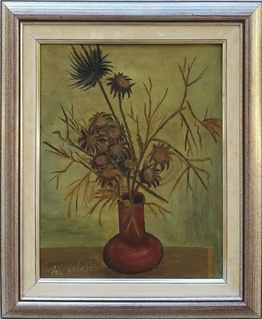yakınlaştır "Natürmort" eseri ALİ ÇELEBİ tarafından 41x33 cm ölçülerinde Tuval üzeri yağlı boya tekniği ile yapılmıştır.
