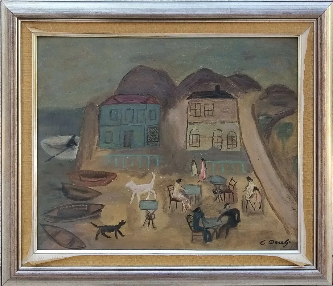 yakınlaştır "Kayıklar ve Kır Kahvesi" eseri CEVAT DERELİ tarafından 42x52 cm ölçülerinde Duralit üzeri yağlı boya tekniği ile yapılmıştır.