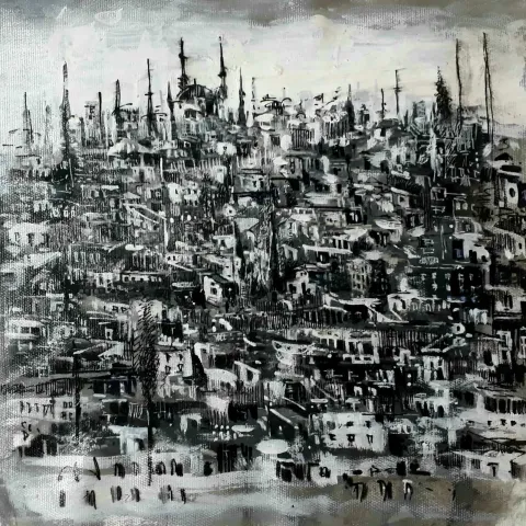 "Siyah Beyaz Bir İstanbul" eseri AYHAN ÇETİN tarafından 2021 yılında 25x25 cm ölçülerinde Tuval üzeri akrilik boya tekniği ile yapılmıştır.