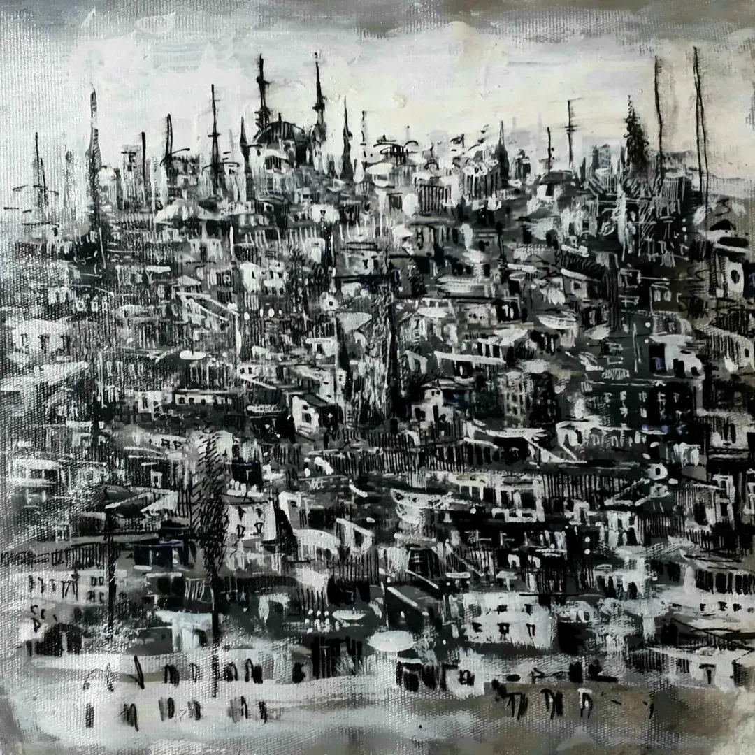 "Siyah Beyaz Bir İstanbul" eseri AYHAN ÇETİN tarafından 2021 yılında 25x25 cm ölçülerinde Tuval üzeri akrilik boya tekniği ile yapılmıştır.
