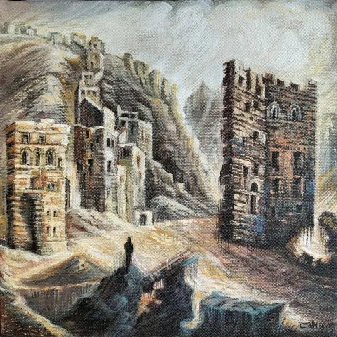 CANSEVEN BAHÇECİ — “Antioch”, 2021 "Antioch" eseri CANSEVEN BAHÇECİ tarafından 2021 yılında 25x25 cm ölçülerinde Tuval üzeri karışık teknik tekniği ile yapılmıştır.