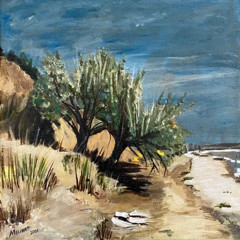 MELİHAT TÜZÜN — “Erikli Sahilde”, 2021 "Erikli Sahilde" eseri MELİHAT TÜZÜN tarafından 2021 yılında 25x25 cm ölçülerinde Tuval üzeri akrilik boya tekniği ile yapılmıştır.