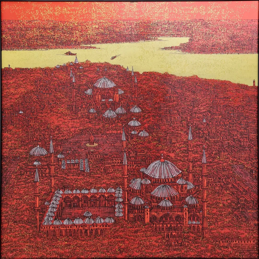 yakınlaştır "Süleymaniye'den İstanbul Kırmızı" eseri DEVRİM ERBİL tarafından 2021 yılında 120x120 cm ölçülerinde Alüminyum üzeri Giclee baskı 1/1 Monoprint tekniği ile yapılmıştır.