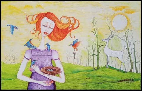 "Kuşlar (Puliya)" eseri ZEKİYE AKALIN tarafından 2021 yılında 50x80 cm ölçülerinde Tuval üzeri yağlı boya tekniği ile yapılmıştır.