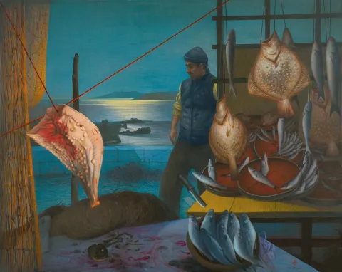 AYDIN AYAN — “Kalkan Balığının Öyküsü”, 2017 "Kalkan Balığının Öyküsü" eseri AYDIN AYAN tarafından 2017 yılında 160x200 cm ölçülerinde Tuval üzeri yağlı boya tekniği ile yapılmıştır.
