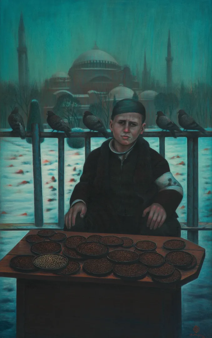 yakınlaştır "Karda Kuşyemi Satıcısı Çocuk" eseri AYDIN AYAN tarafından 2013 yılında 160x100 cm ölçülerinde Tuval üzeri yağlı boya tekniği ile yapılmıştır.