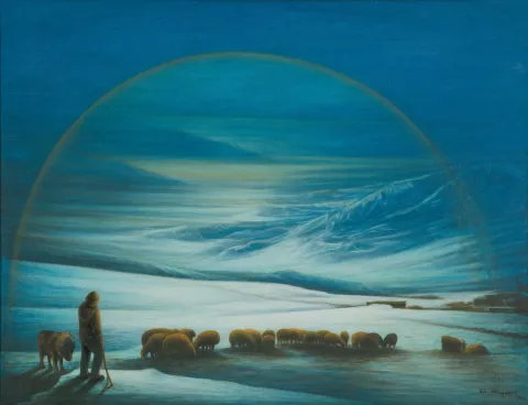 AYDIN AYAN — “Karda Koyunlar”, 2012 "Karda Koyunlar" eseri AYDIN AYAN tarafından 2012 yılında 89x116 cm ölçülerinde Tuval üzeri yağlı boya tekniği ile yapılmıştır.