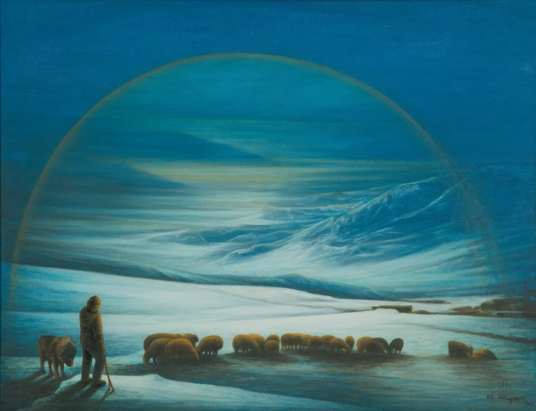 yakınlaştır "Karda Koyunlar" eseri AYDIN AYAN tarafından 2012 yılında 89x116 cm ölçülerinde Tuval üzeri yağlı boya tekniği ile yapılmıştır.