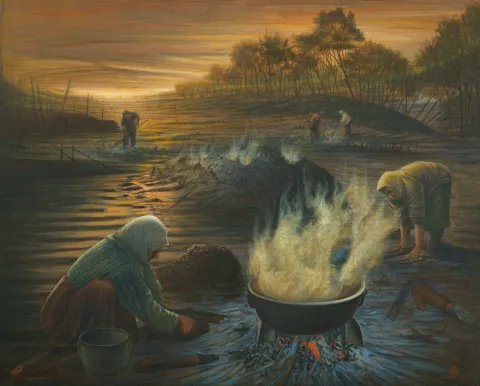 AYDIN AYAN — “Odun Kömürü Yapımcıları”, 2011 "Odun Kömürü Yapımcıları" eseri AYDIN AYAN tarafından 2011 yılında 130x162 cm ölçülerinde Tuval üzeri yağlı boya tekniği ile yapılmıştır.