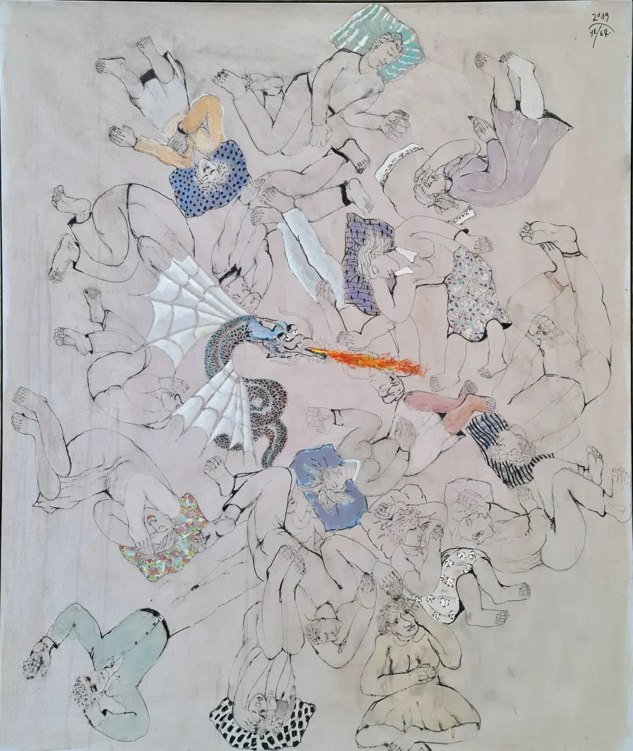 "Neye alemet" eseri HANEFİ YETER tarafından 2019 yılında 130x110 cm ölçülerinde Tuval üzeri karışık teknik tekniği ile yapılmıştır.