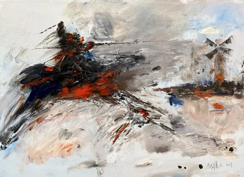 M. ZAHİT BÜYÜKİŞLİYEN — “Don Kişot - Attack”, 2021 "Don Kişot - Attack" eseri M. ZAHİT BÜYÜKİŞLİYEN tarafından 2021 yılında 70x100 cm ölçülerinde Tuval üzeri yağlı boya tekniği ile yapılmıştır.