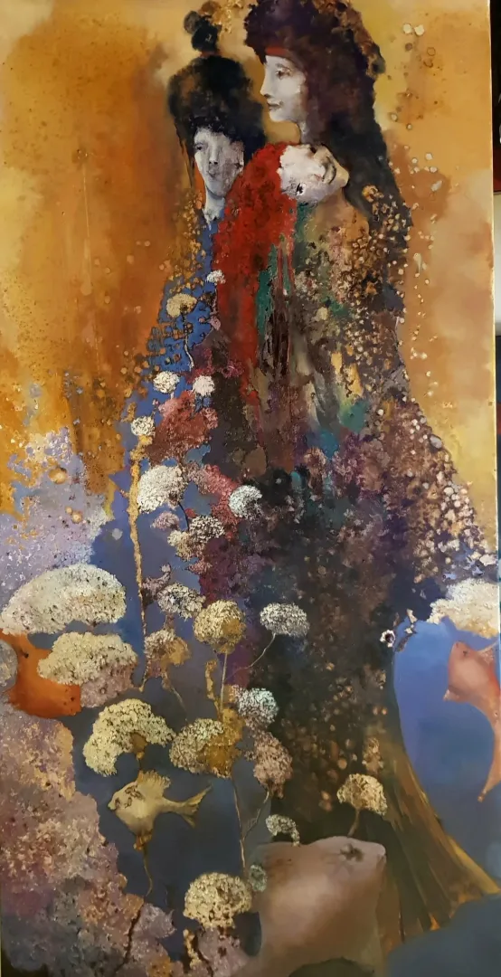 yakınlaştır "Okyanus Nedimeleri" eseri EROL PELİOĞLU tarafından 2022 yılında 140x70 cm ölçülerinde Tuval üzeri yağlı boya tekniği ile yapılmıştır.