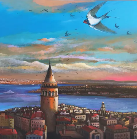 KADİR ŞİŞGİNOĞLU — “Galata Kulesinin Muhafızları Ebabil Kuşları”, 2022 "Galata Kulesinin Muhafızları Ebabil Kuşları" eseri KADİR ŞİŞGİNOĞLU tarafından 2022 yılında 60x60 cm ölçülerinde Tuval üzeri akrilik boya tekniği ile yapılmıştır.