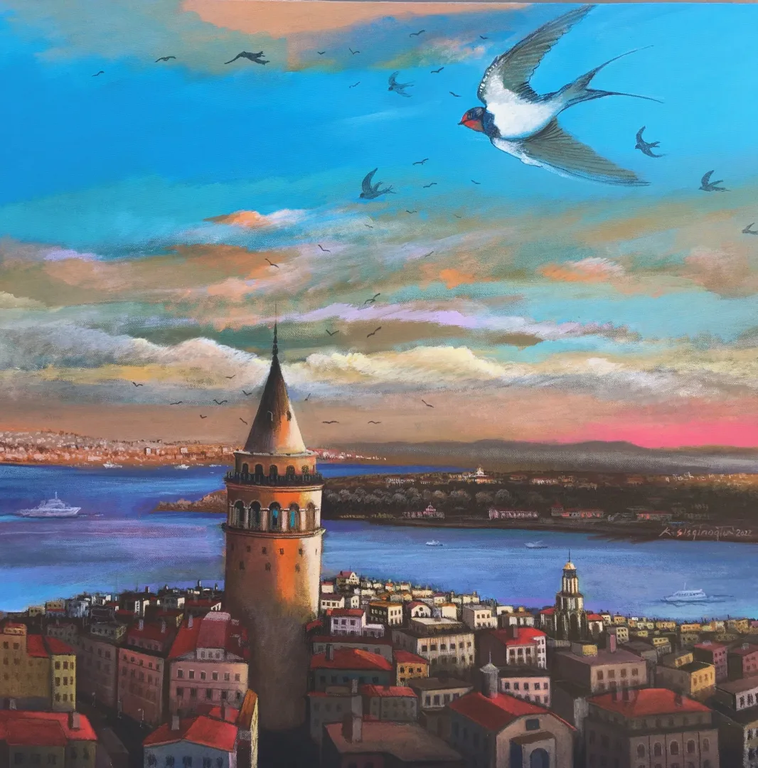 KADİR ŞİŞGİNOĞLU — “Galata Kulesinin Muhafızları Ebabil Kuşları”, 2022 "Galata Kulesinin Muhafızları Ebabil Kuşları" eseri KADİR ŞİŞGİNOĞLU tarafından 2022 yılında 60x60 cm ölçülerinde Tuval üzeri akrilik boya tekniği ile yapılmıştır.