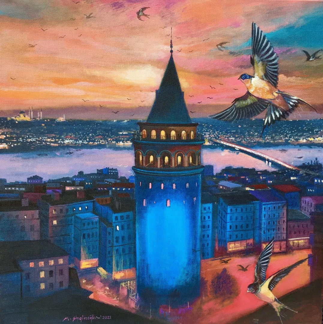 KADİR ŞİŞGİNOĞLU — “Galata Kulesinin Muhafızları Ebabil Kuşları”, 2022 "Galata Kulesinin Muhafızları Ebabil Kuşları" eseri KADİR ŞİŞGİNOĞLU tarafından 2022 yılında 60x60 cm ölçülerinde Tuval üzeri akrilik boya tekniği ile yapılmıştır.