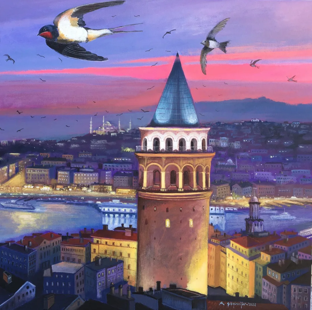 KADİR ŞİŞGİNOĞLU — “Galata Kulesinin Muhafızları Ebabil Kuşları”, 2022 "Galata Kulesinin Muhafızları Ebabil Kuşları" eseri KADİR ŞİŞGİNOĞLU tarafından 2022 yılında 60x60 cm ölçülerinde Tuval üzeri akrilik boya tekniği ile yapılmıştır.