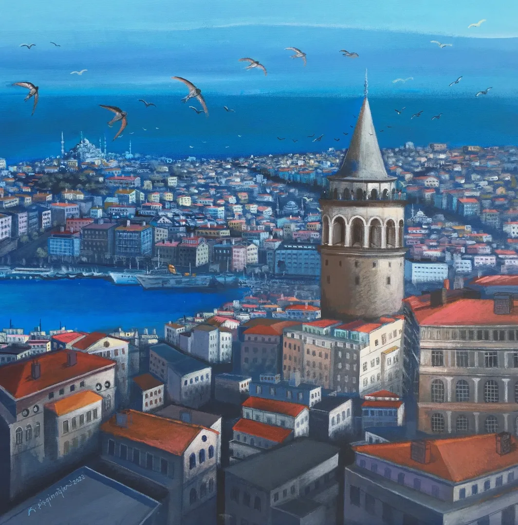 KADİR ŞİŞGİNOĞLU — “Galata Kulesinin Muhafızları Ebabil Kuşları”, 2022 "Galata Kulesinin Muhafızları Ebabil Kuşları" eseri KADİR ŞİŞGİNOĞLU tarafından 2022 yılında 60x60 cm ölçülerinde Tuval üzeri akrilik boya tekniği ile yapılmıştır.