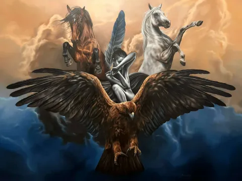 "Shaman" eseri BEHZAT FEYZULLAH tarafından 2022 yılında 180x240 cm ölçülerinde Tuval üzeri yağlı boya tekniği ile yapılmıştır.