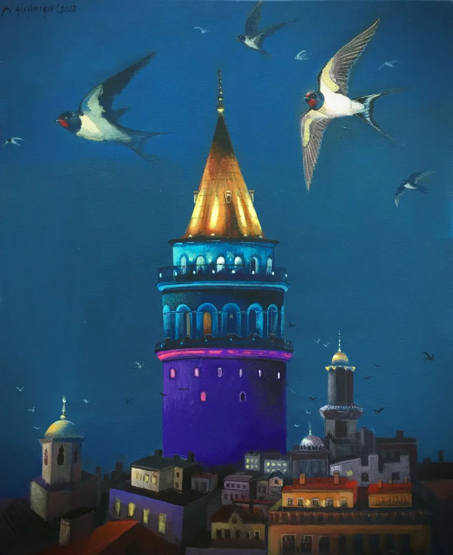 yakınlaştır "Galatada Gece ve Ebabiller" eseri KADİR ŞİŞGİNOĞLU tarafından 2022 yılında 55x45 cm ölçülerinde Tuval üzeri akrilik boya tekniği ile yapılmıştır.