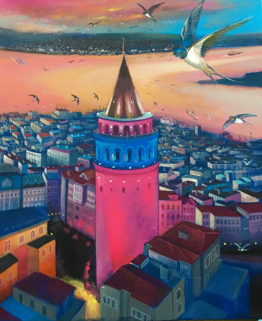 yakınlaştır "Galatada Ebabiller" eseri KADİR ŞİŞGİNOĞLU tarafından 2022 yılında 55x45 cm ölçülerinde Tuval üzeri akrilik boya tekniği ile yapılmıştır.