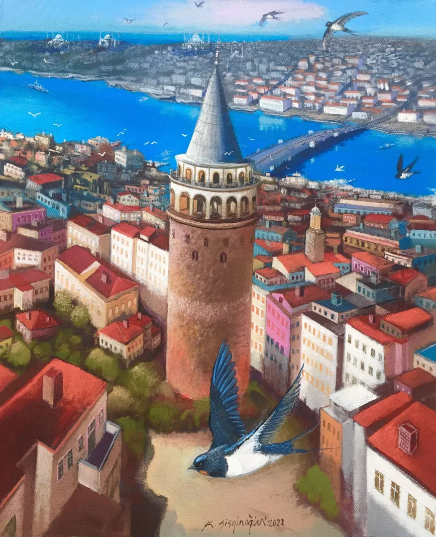 yakınlaştır "Galatada Gündüz ve Ebabil Kuşları" eseri KADİR ŞİŞGİNOĞLU tarafından 2022 yılında 55x45 cm ölçülerinde Tuval üzeri akrilik boya tekniği ile yapılmıştır.