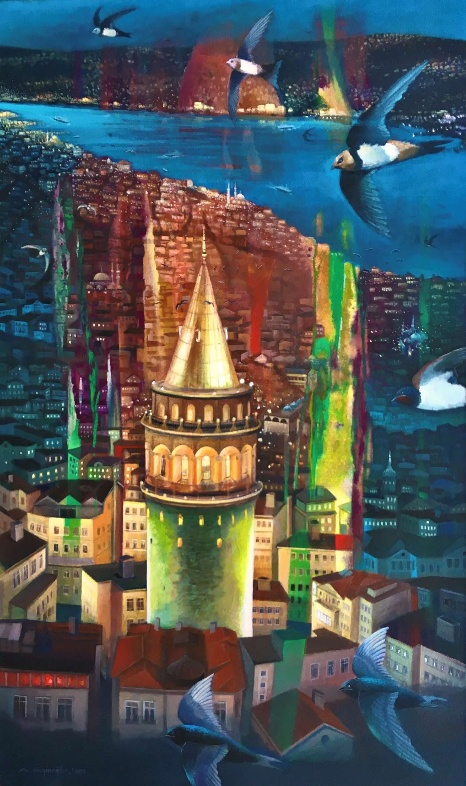 "Gece Galata ve Ebabiller" eseri KADİR ŞİŞGİNOĞLU tarafından 2022 yılında 150x90 cm ölçülerinde Tuval üzeri akrilik boya tekniği ile yapılmıştır.