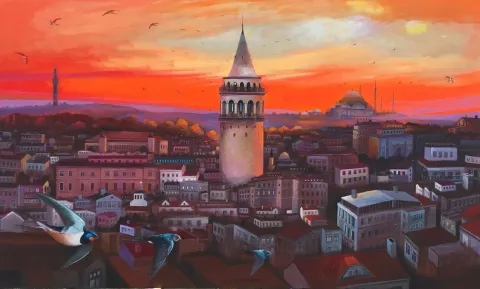 "Günbatımında Galata ve Ebabiller" eseri KADİR ŞİŞGİNOĞLU tarafından 2022 yılında 90x150 cm ölçülerinde Tuval üzeri akrilik boya tekniği ile yapılmıştır.